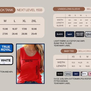 May include: Image featuring size charts for women's racerback tanks, unisex long sleeves, and baby tees. The charts display measurements for width and length in inches, along with color options like black, red, and white. A red racerback tank is shown.