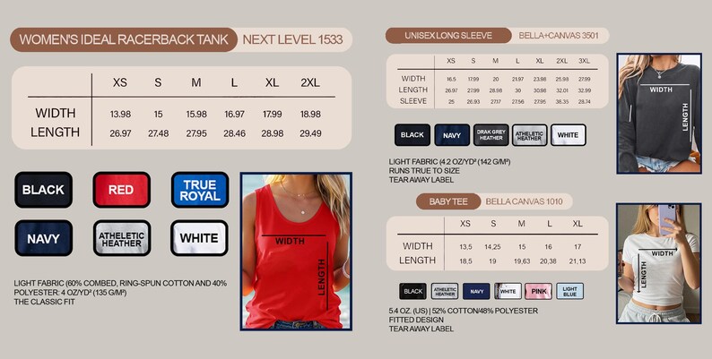 May include: Image featuring size charts for women's racerback tanks, unisex long sleeves, and baby tees. The charts display measurements for width and length in inches, along with color options like black, red, and white. A red racerback tank is shown.