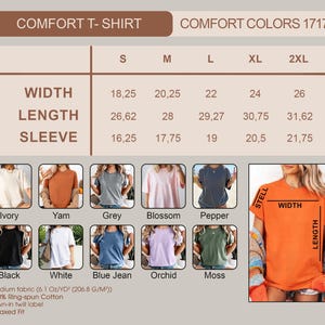 Może przedstawiać: Tabela rozmiar&oacute;w koszulek Comfort, pokazująca wymiary w centymetrach dla szerokości, długości i długości rękawa. Dostępne kolory to Ivory, Yam, Grey, Blossom, Pepper, Black, White, Blue Jean, Orchid i Moss.