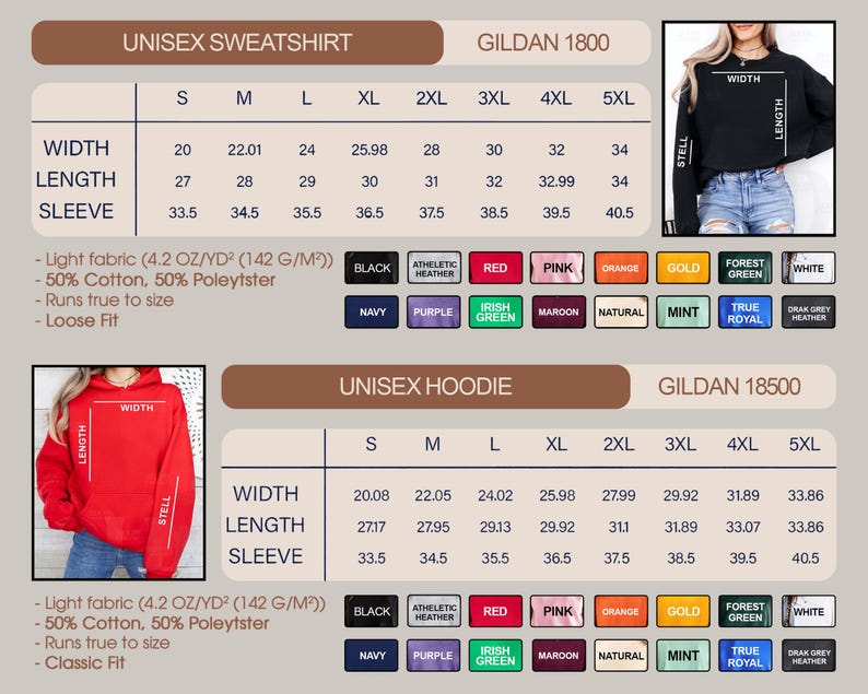 Może przedstawiać: Tabela rozmiar&oacute;w dla bluz i bluz z kapturem unisex Gildan, wyszczeg&oacute;lniająca rozmiary od S do 5XL. Tabela zawiera wymiary szerokości, długości i długości rękawa w cm, wraz z opcjami kolorystycznymi.