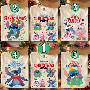 May include: Five off-white t-shirts featuring Disney Stitch Christmas graphics. Designs include Stitch tangled in lights, wearing pajamas, or dressed as a tree with text like Stitchmas, Christmas 2026, Cute & Fluffy, Ohana Wonderland, and Mele Kalikimaka.
