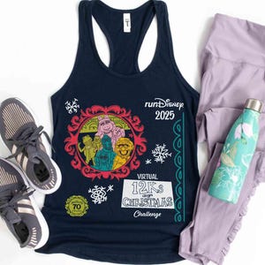 May include: Navy blue tank top with a Muppets graphic, "runDisney 2025" text, and "Virtual 12Ks of Christmas Challenge" text. Includes gray sneakers, lavender leggings, and a teal water bottle with a floral design.
