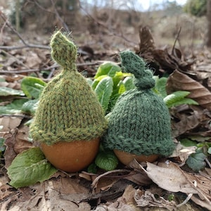 May include: Two handmade acorn ornaments with knitted green caps. The acorn caps are in shades of green, and the acorn bodies are brown. The ornaments are resting on a bed of leaves and greenery, creating a natural, whimsical scene.