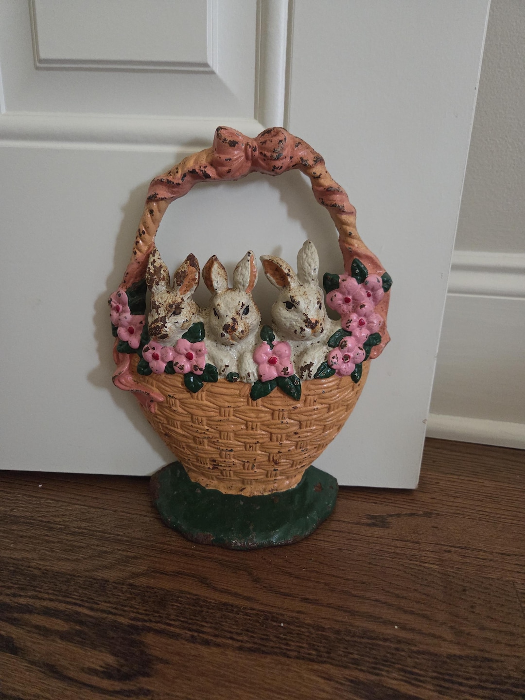 Vintage Cast Iron Bunny Doorstop – Three Rabbits in Basket – Floral ...