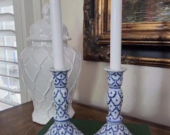 Pair Blue and White Candlesticks | Chinoiserie Candle Holders