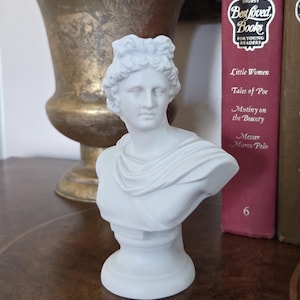 May include: A white bust sculpture of a classical figure with detailed hair and draped clothing. The sculpture is on a pedestal base. In the background are red books with gold lettering and a decorative gold urn.