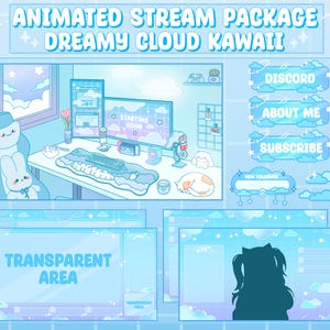 以下が含まれることがあります： 夢のような雲のkawaiiをテーマにした、アニメーションストリームパッケージ。キュートな部屋のシーンには、コンピューターのセットアップ、猫、ウサギが描かれています。「Discord」、「About Me」、「Subscribe」などのテキストを含むオーバーレイ要素が含まれています。