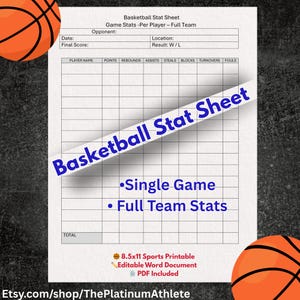 Puede incluir: Una hoja de estadísticas de baloncesto imprimible con el texto "Basketball Stat Sheet" en una pancarta diagonal. La hoja incluye secciones para nombres de jugadores, puntos, rebotes, asistencias y más. Tamaño A4.