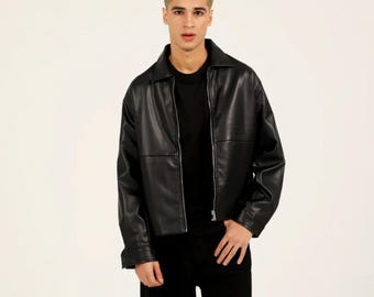 Handmade Vintage Black Leather Bomber Jacket for Mens 90s Retro
