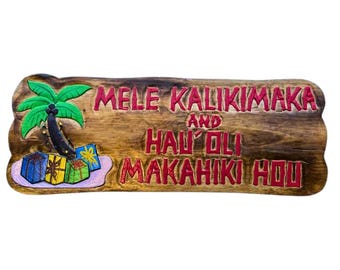 Hawaii 19 Inch "Mele Kalikimaka and Hauoli Makahiki Hou" Hawaiian Christmas Wood Sign, Handmade Home Wall Decor, Ready To Hang
