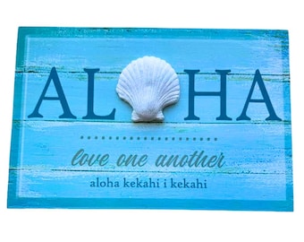 Hawaii ALOHA Wood Sign With Seashell – 12 Inch Handmade Wall Decor, Rustic Hawaiian Home Hanging Decoration
