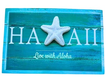 Hawaiian HAWAII Wood Sign With Seashell – 12 Inch Handmade Wall Decor, Rustic Hawaiian Home Hanging Decoration