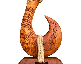 Hand Carved Wood Fish Hook Statue: Hawaiian Islands & Polynesian Art