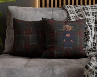 Tartan Teddy Bear kussensloop | Vierkante kussensloop