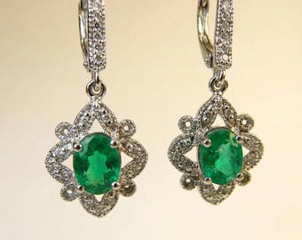 Oval Colombian Emerald Diamond Dangle Earrings, Antique Style 14k White Gold (Certified)