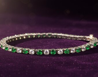 Natural Zambian Emerald Diamond Tennis Bracelet 14k White Gold