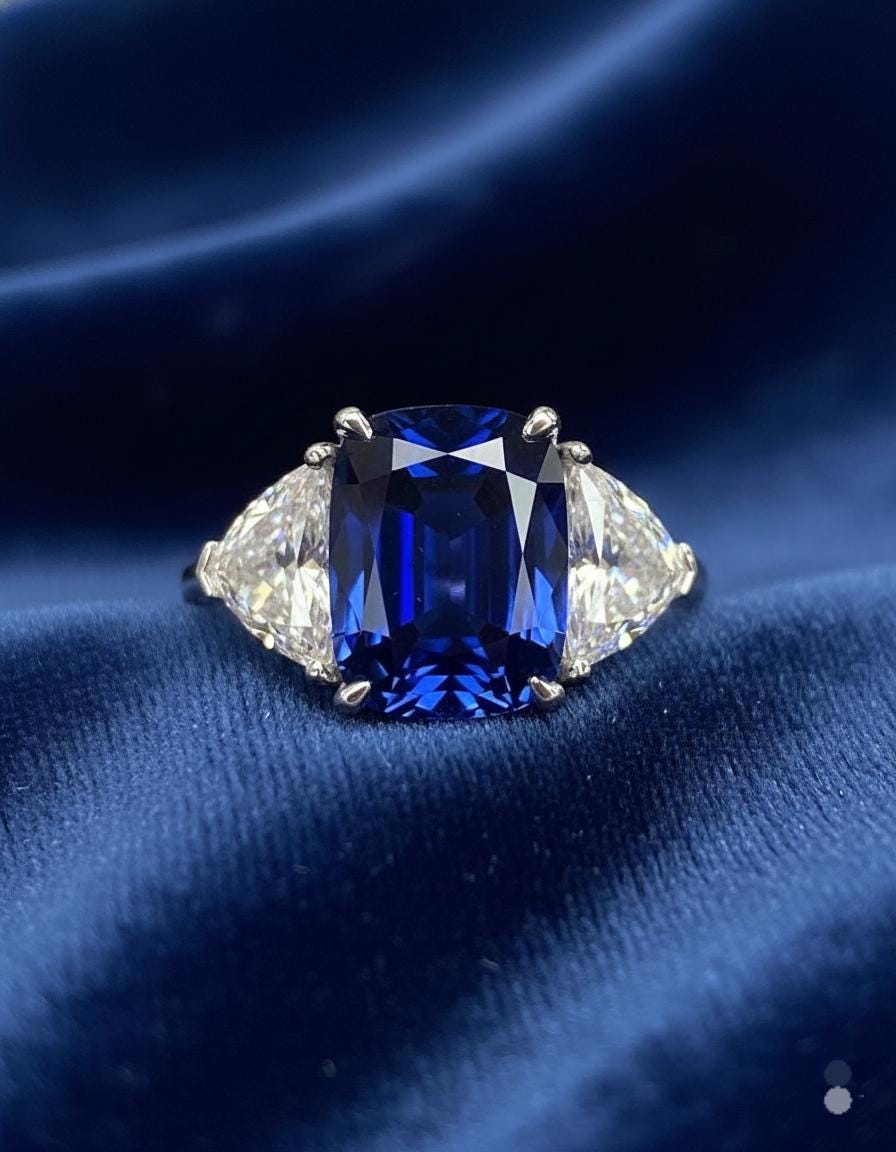 GIA認定7カラットセイロンサファイアとダイヤモンド18Kゴールドリング