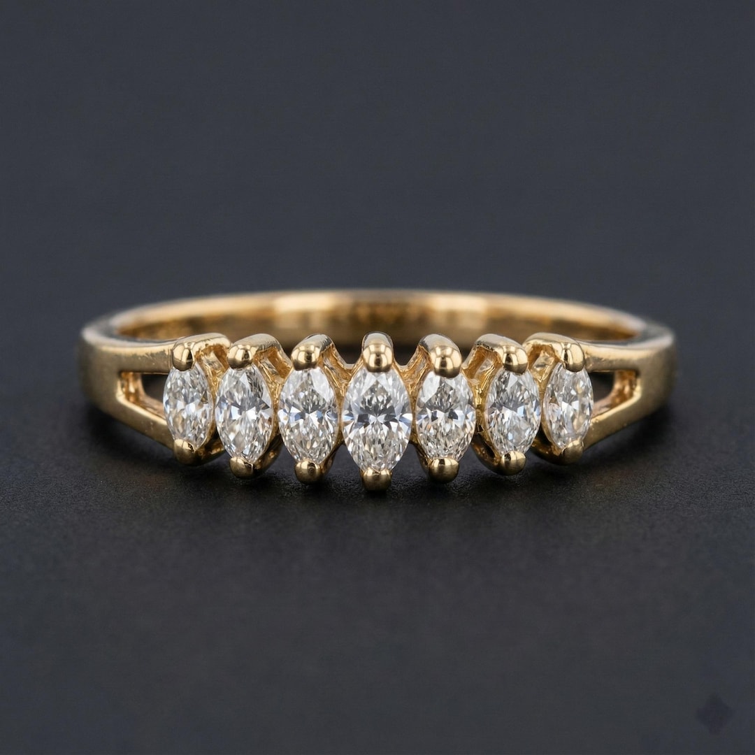 Solid 14K Yellow Gold Marquis Diamond Ring - Seven Stone Wedding Band ...