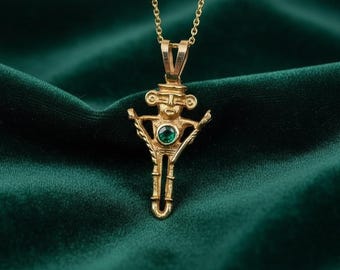 18K Yellow Gold Colombian Emerald Pendant, Pre-Colombian Tribal Figure Necklace