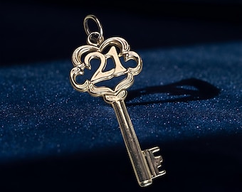Solid 14K Yellow gold Year 21 Birthday Heart Key Charm