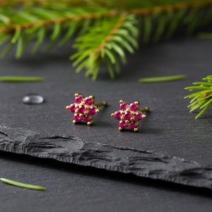 Peut inclure: Une paire de boucles d'oreilles dorées, chacune ornée d'un motif floral avec des pierres précieuses rouges vives. Les boucles d'oreilles sont présentées sur un fond sombre avec du feuillage vert.