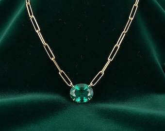 12.41ct 14K East to West Oval Large Colombian Emerald Statement Paper Clip Necklace, Gold Emerald Necklace, Oval Cut Emerald Necklace