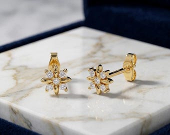 Diamond Earrings / 14K Gold Flower Design Diamond Earrings / Floral Design Earrings By TirupatiJewelCo / Gift For Women