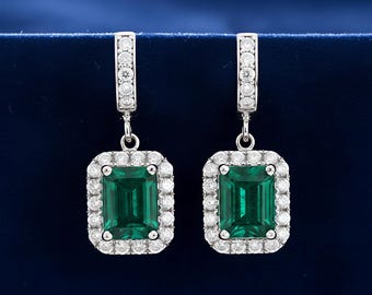 Natural Zambian Emerald Earrings, 18k Gold Drop Earrings, Genuine Diamond Dangle Earrings, Art Deco Bridal Statement Jewelry