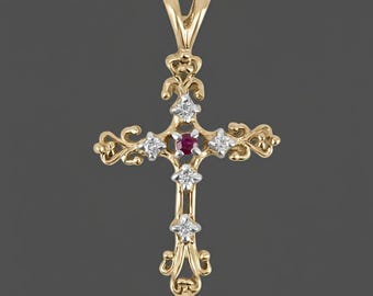 14Kイエローゴールド ルビー ダイヤモンド クロスペンダントネックレス