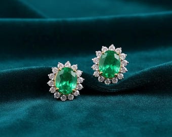 18k Gold Oval Zambian Emerald & Diamond Stud Earrings | Real May Birthstone Fine Jewelry | Luxury Bridal Gold Studs