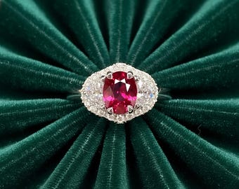 GIA Unheated Pigeon Blood Red Ruby & Half Moon Diamond Ring in Platinum Heirloom