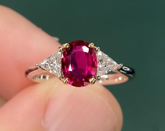 GIA Unheated 1.6 Ct Blood Red Ruby & Diamond Ring 18K Yellow and White Gold