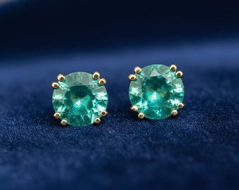 Emerald Stud Earrings, 2.73tcw Round, 14K Yellow Gold