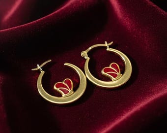 Aros brillantes de mariposa de 1,65 cm con esmalte rojo en oro amarillo macizo de 14 quilates