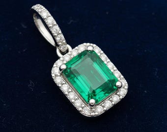 Emerald Cut 14k Gold Pendant with Diamond Halo, May Birthstone
