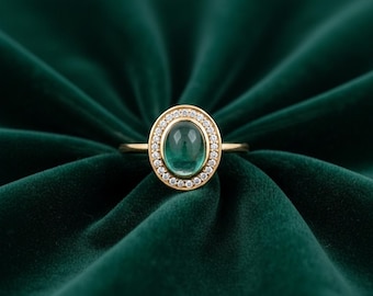 Cabochon Emerald Ring, Diamond Halo, 14K Rose Gold