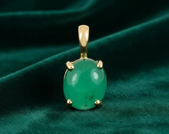 2.40 Carats Emerald Necklace, Colombian Emerald Cabochon Pendant, Oval Emerald 14K Gold Pendant, Natural Cabochon Emerald Necklace