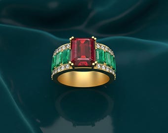 Ruby and Emerald Engagement Ring: 18k Gold Multi Gemstone Ring