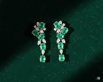 Emerald Diamond Dangle Chandelier Earrings – Solid 18K Gold Riviera Cocktail Jewelry