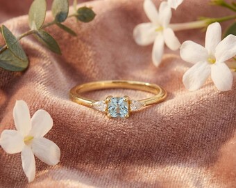 Aquamarine Dainty Ring, Gold Minimalist Ring, March Birthstone Ring, Sterling Silver Ring, Thin Ring, Delicate Ring, Gift for Her, Gemstone