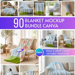May include: A collection of blanket mockups featuring a sky and landscape design. The blankets have a light blue sky with white cloud accents and a green grassy border. The image includes the text "90 BLANKET MOCKUP BUNDLE CANVA".