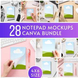 May include: A rectangular notepad featuring a graphic design of a white cloud in a light blue sky above rolling green hills. The notepad is presented in a 10x15 cm size, shown in various desk settings with office supplies like pens and keyboards.