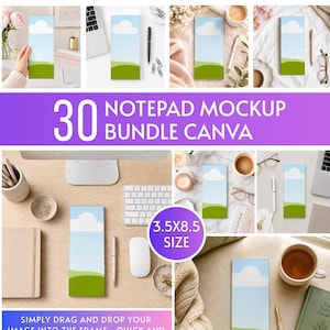 May include: A mockup bundle of 30 notepads with a sky and landscape design. The notepads are 3.5 x 8.5 inches in size. The image includes the text "NOTEPAD MOCKUP BUNDLE CANVA" and "SIMPLY DRAG AND DROP YOUR IMAGE INTO THE FRAME-QUICK AND EFFORTLESS."