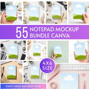 May include: A collection of notepad mockups with a blue sky and green landscape design. The image includes the text "55 NOTEPAD MOCKUP BUNDLE CANVA" and "4X6 SIZE". The text "SIMPLY DRAG AND DROP YOUR IMAGE INTO THE FRAME-QUICK AND EFFORTLESS" is also visible.