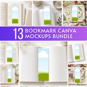 May include: A collection of bookmarks with a landscape design featuring a blue sky, white cloud, and green hills. The bookmarks are displayed in various open books, with floral and decorative elements. Text reads "13 Bookmark Canva Mockups Bundle."