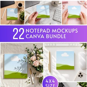 Puede incluir: Una colección de blocs de notas cuadrados con un diseño de paisaje que presenta un cielo azul, una nube blanca y colinas verdes. La imagen incluye el texto "22 NOTEPAD MOCKUPS CANVA BUNDLE" y "4x4 SIZE". Los blocs de notas se muestran en varias superficies.