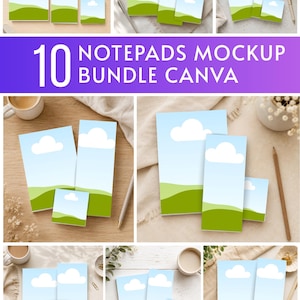 May include: A collection of ten notepads featuring a graphic design of a light blue sky with a white cloud above rolling green hills. The set includes various rectangular and square notepad sizes displayed in multiple mockups for digital use.