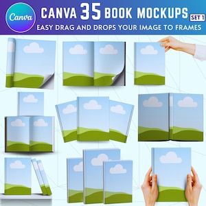 May include: A collection of 35 book mockups with a blue sky and cloud design. The mockups include open and closed books, and books held by hands. The text at the top reads "Canva 35 Book Mockups".
