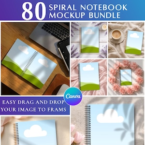 May include: A collection of spiral notebook mockups featuring a design of a blue sky, white cloud, and green hills. The image includes the text "80 SPIRAL NOTEBOOK MOCKUP BUNDLE" and "EASY DRAG AND DROP YOUR IMAGE TO FRAMS".
