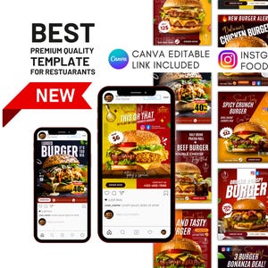 May include: A promotional image featuring various Instagram ad templates for restaurants. The templates showcase burgers with text overlays like "Loaded Burger" and "Spicy Crunch Burger." The image includes the text "BEST PREMIUM QUALITY TEMPLATE FOR RESTAURANTS."